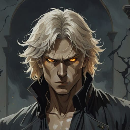 Retrato de Sombra, un hombre de unos 40 años, de expresión amenazadora, con ojos que brillan de color naranja y cabello plateado, en una melena corta. Viste una camisa y una gabardina negras.